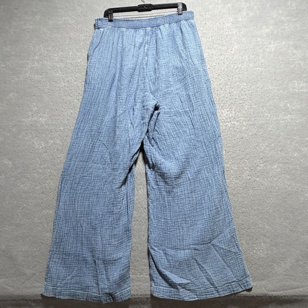 Aerie Gauze Pants XL Blue Wide Leg Side Slit Smocked Coastal Beach PullOn Cotton - Picture 9 of 12